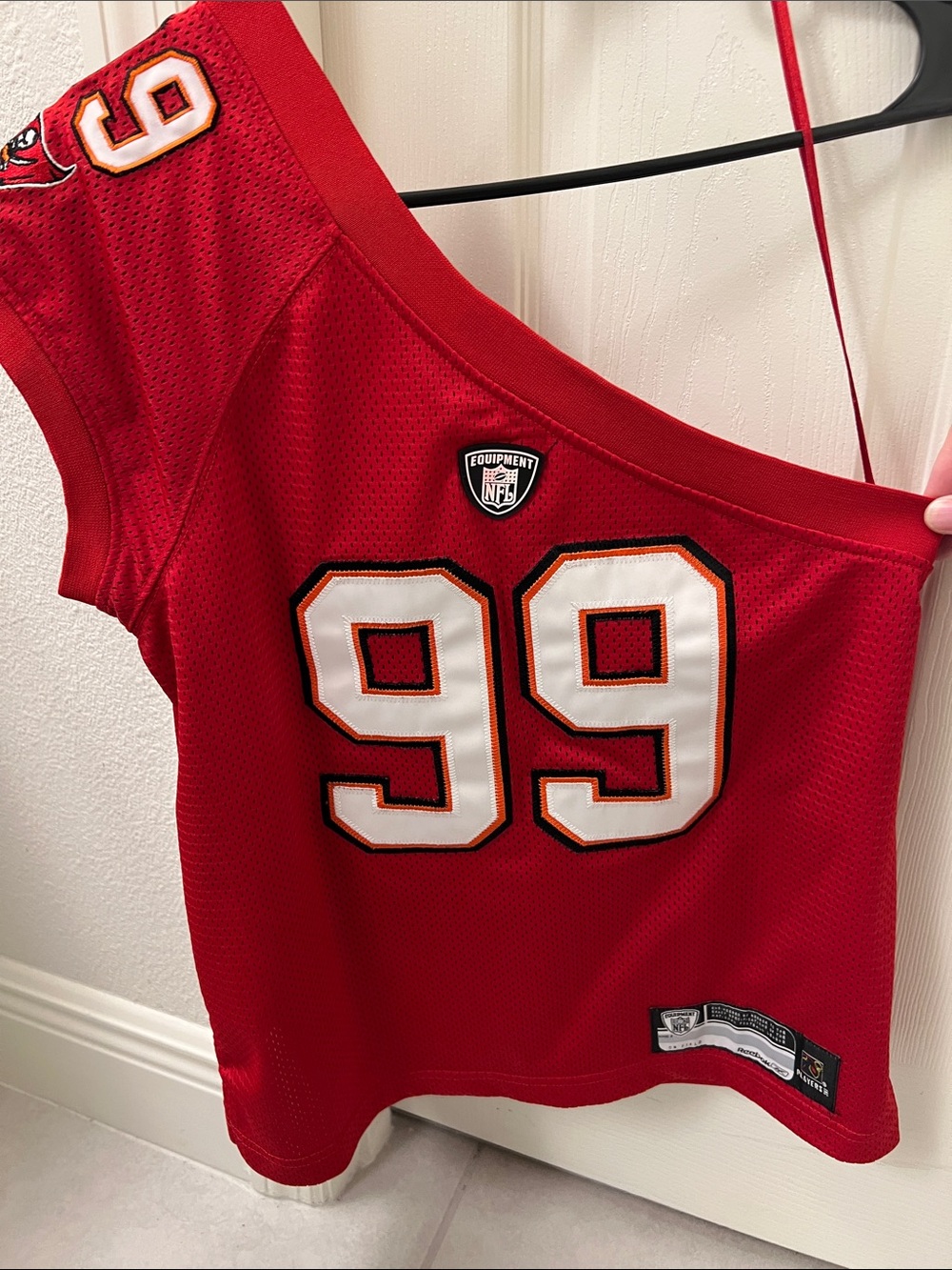 Equipment Red One-Shoulder Mesh Jersey Top with White 99 Appliqué